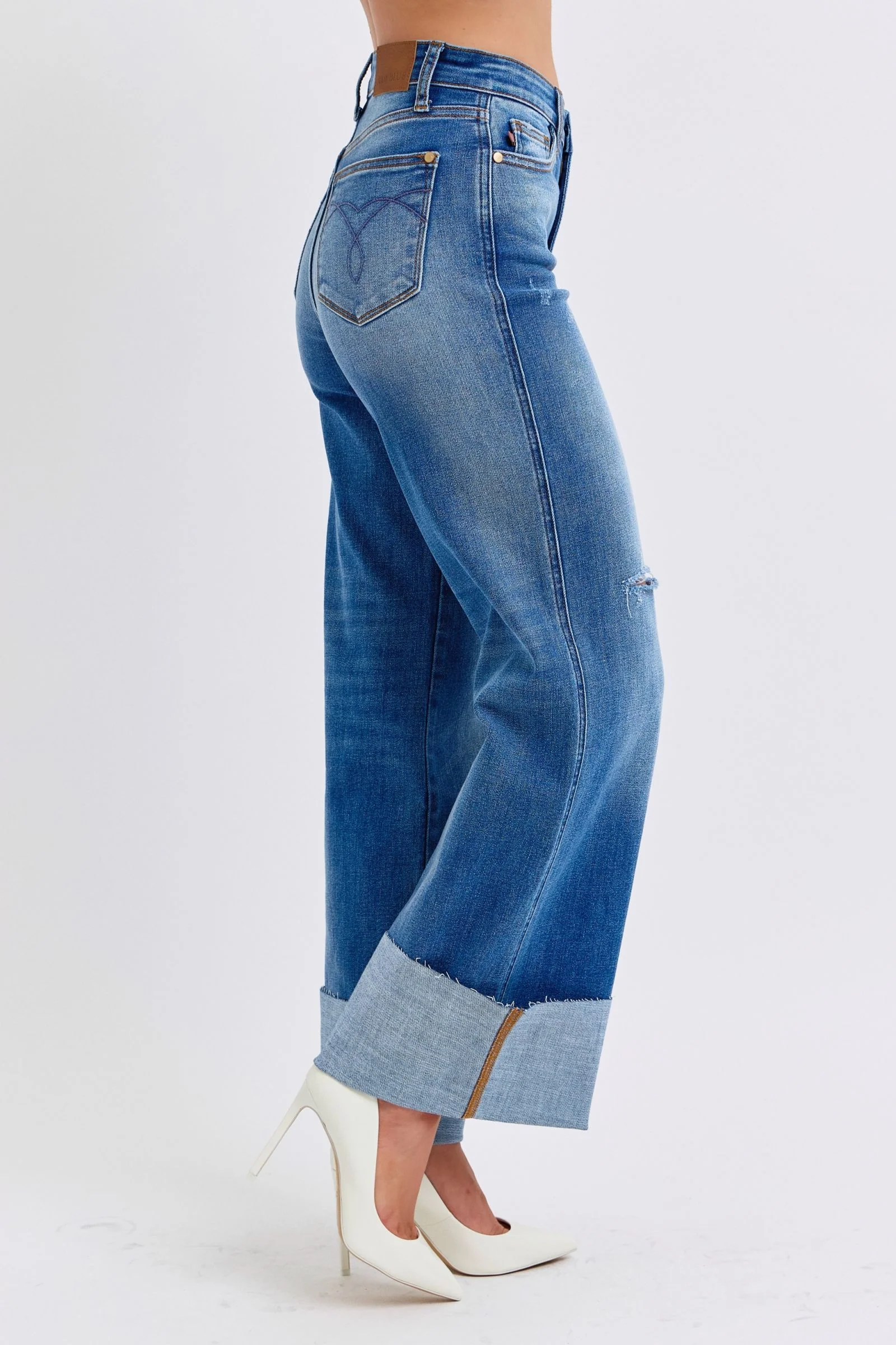 Blue Full Size Distressed High Waist Wide Leg Jeans