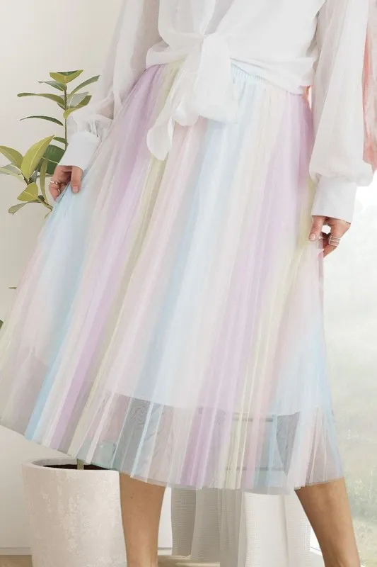 Unicorn Pleated Mesh Flare Midi Skirt