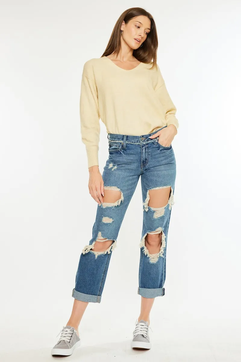 Distressed Mid Rise True Boyfriend Jeans