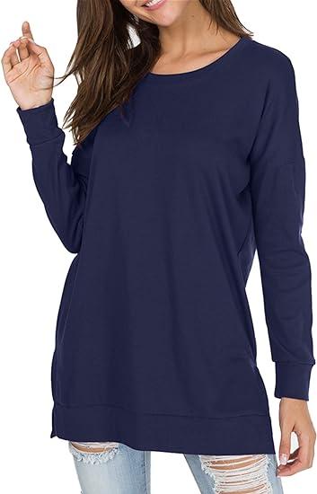 Women Long Sleeve Cotton Top Round Neck Casual Solid Color Top