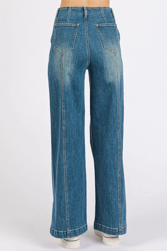 Medium Wash Seam Detail Wide Leg Denim Jeans