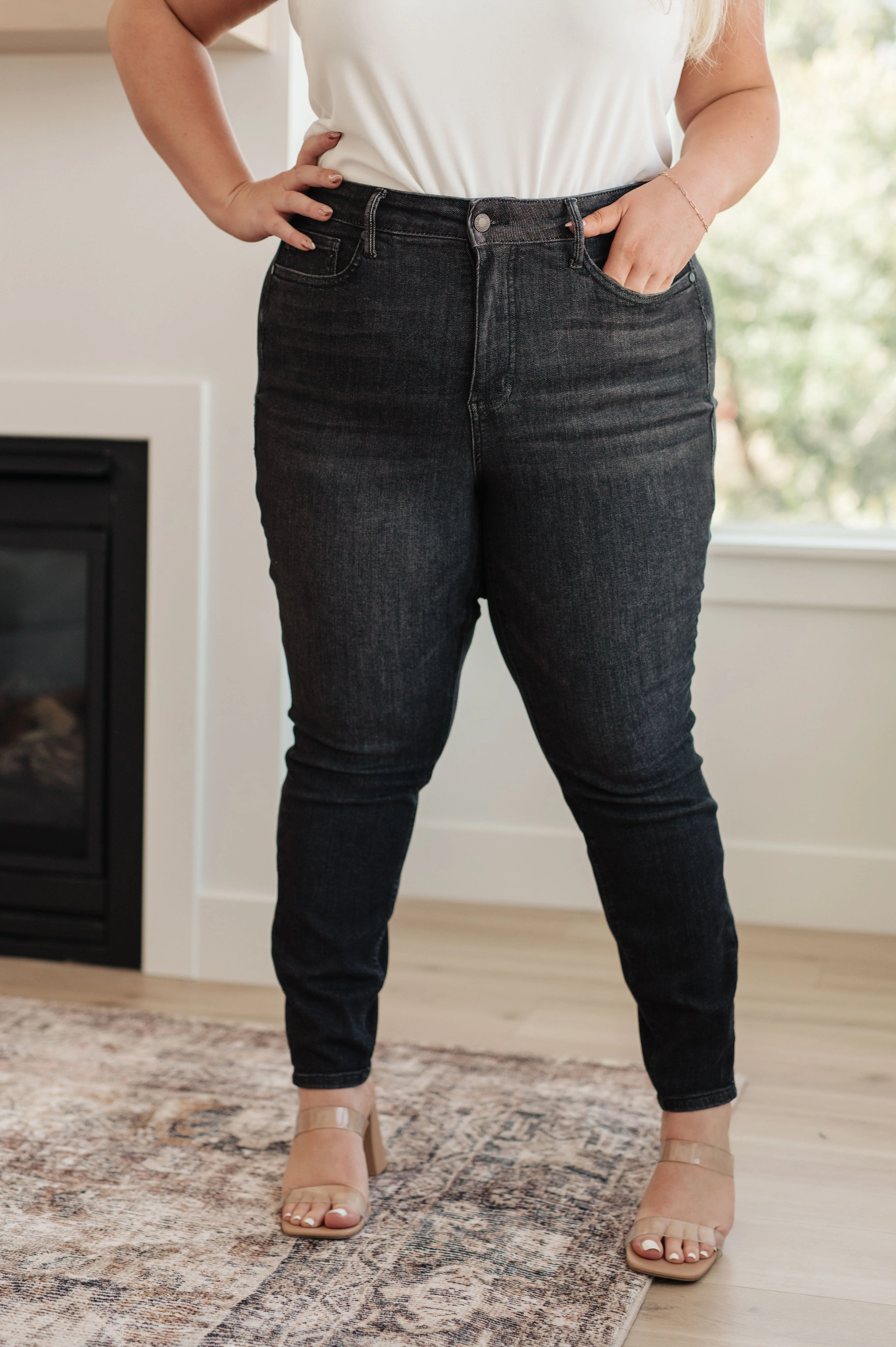 High Rise Control Top Skinny Jeans in Washed Black