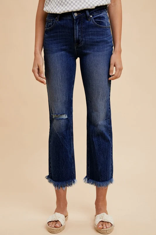 Wear Distressed Raw Hem Straight Leg Cropped Jeans