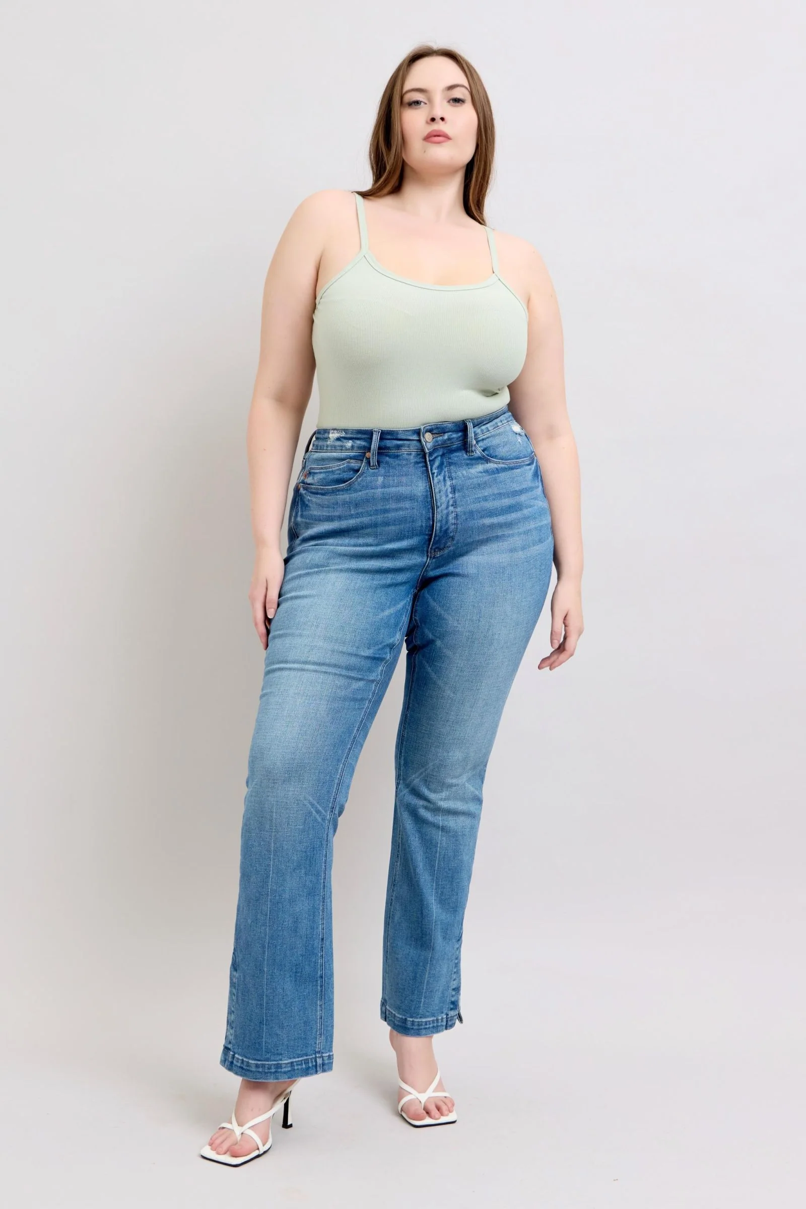 Blue Full Size High Waist Tummy Control Vintage Wash Side Slit Slim Boot Jeans