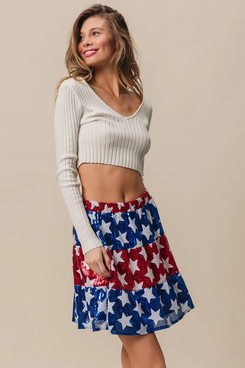 American Flag Theme Star Sequin Tiered Skirt