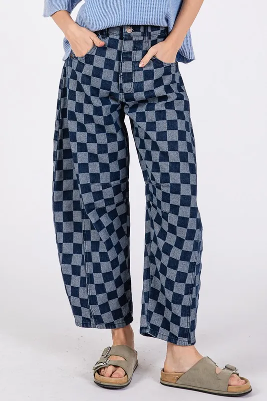 Barrel Style Leg Checkered Print Jeans