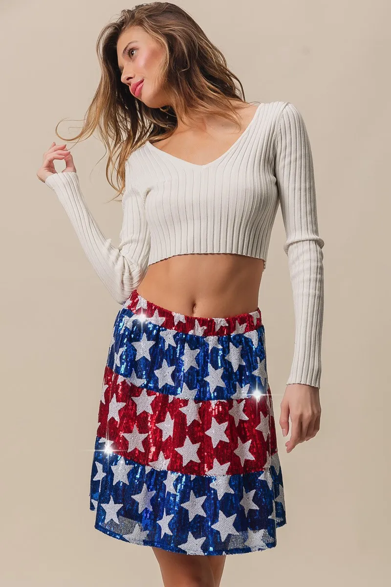 American Flag Theme Star Sequin Tiered Skirt