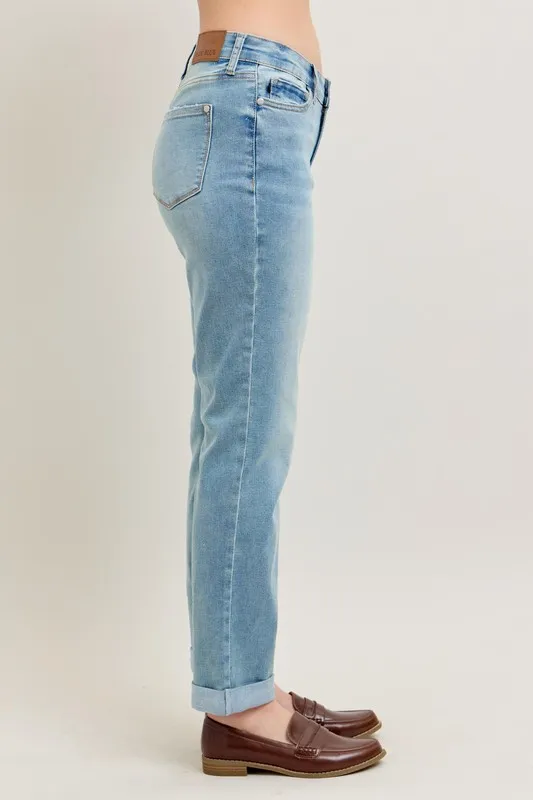 Blue Full Size V-Front Cuff Boyfriend Jeans Plus Size