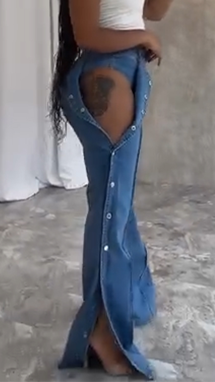 Ladies' Buckle and Slit Casual Denim Pants