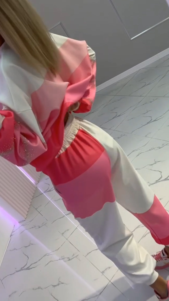 Women's Round Neck Gold-stamped Patchwork Top + Pants Drawstring Casual Suit