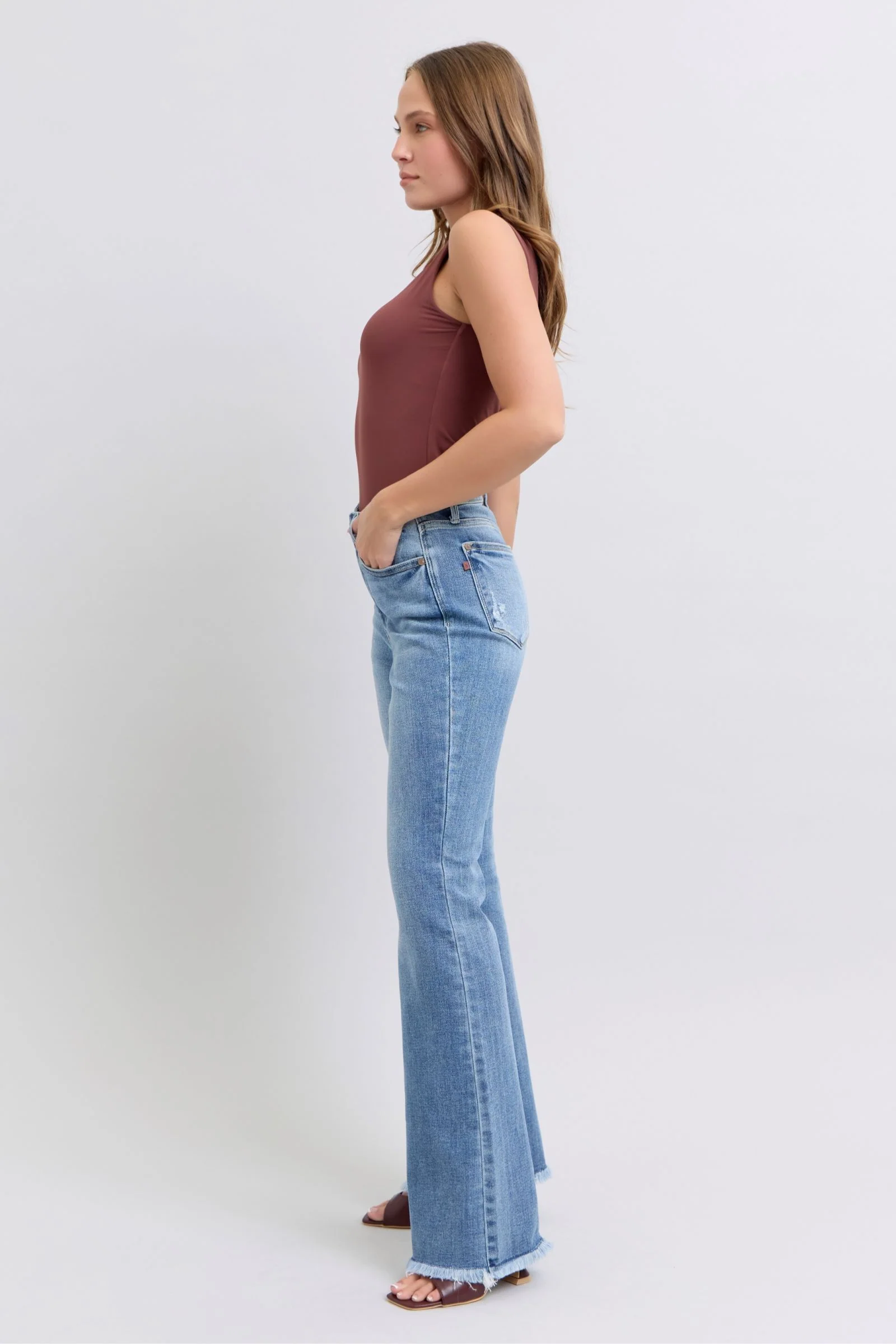 Blue Full Size Raw Hem High Rise Bootcut Jeans