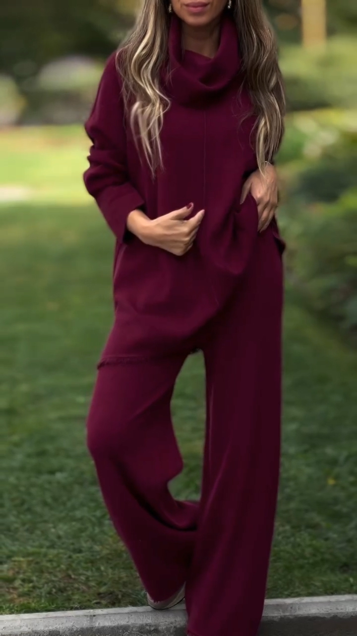 Women High Neck Top + Pants Solid Color Casual Suit