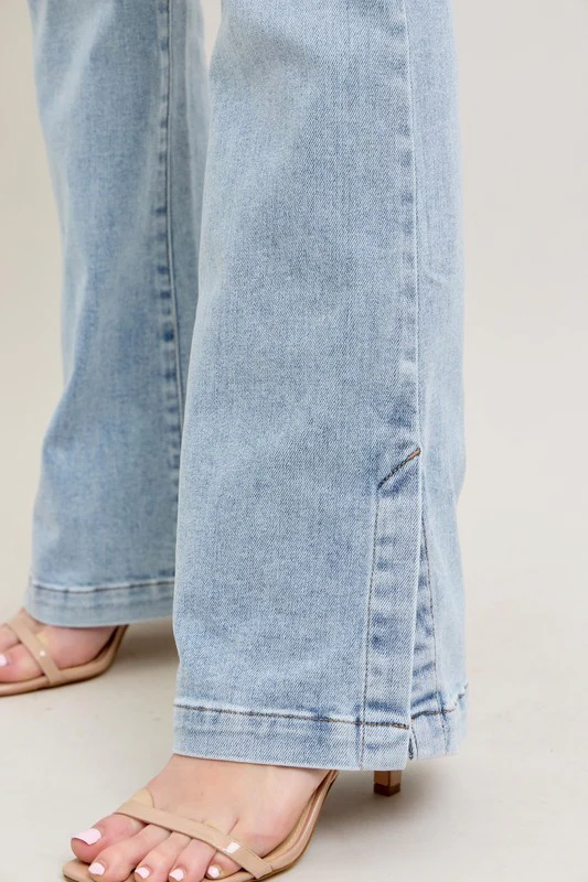 Blue Full Size Tummy Control Vintage Wash Side Slit Slim Boot Jeans Plus Size