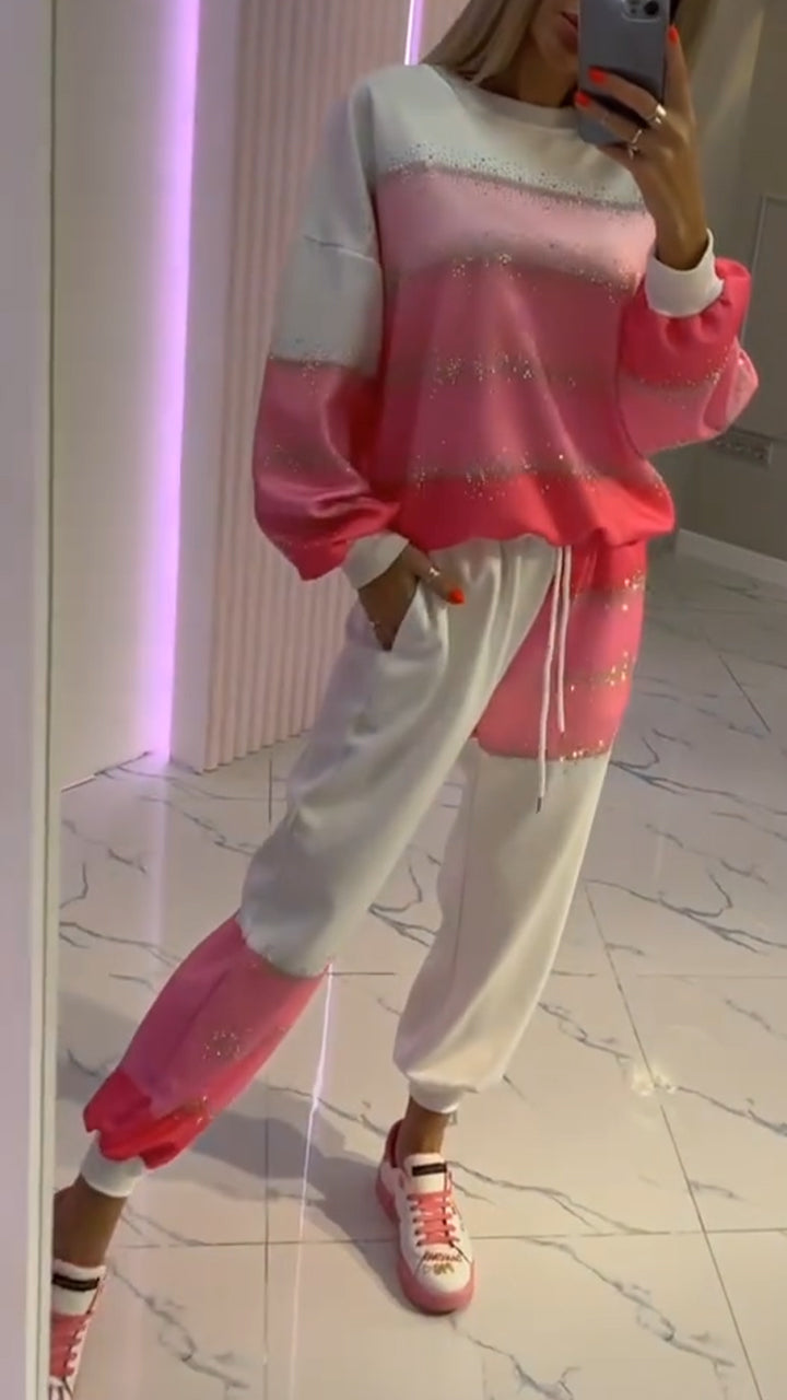 Women's Round Neck Gold-stamped Patchwork Top + Pants Drawstring Casual Suit