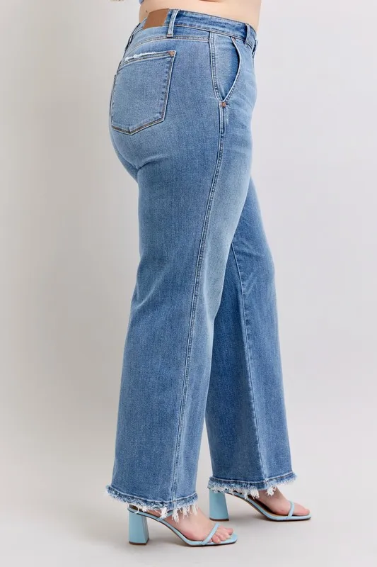 Blue Full Size Raw Hem Wide Leg Jeans Plus Size