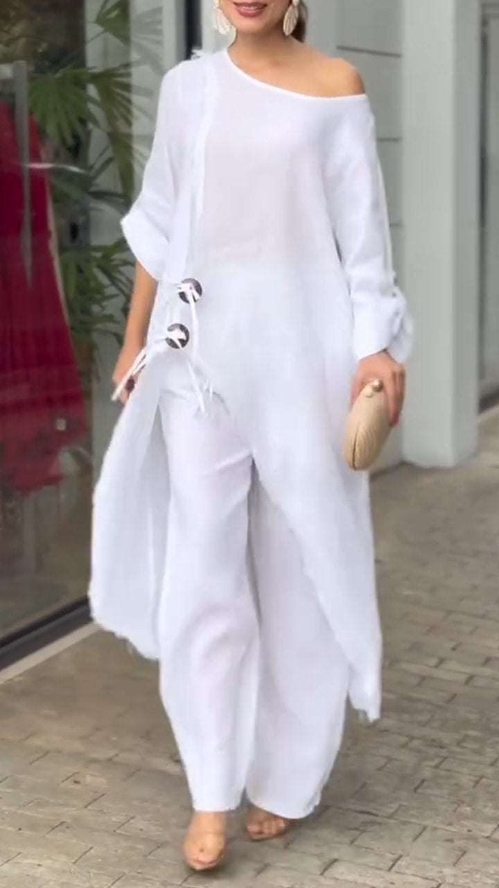 Women's Round Neck Cotton and Linen Irregular Casual Suit