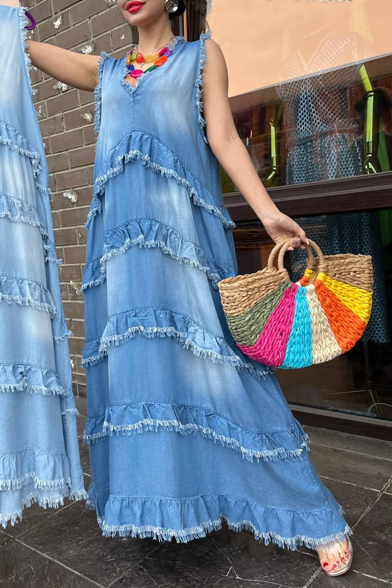 Women's V-neck Multi-layered Stitching Tassel A-line Denim Dress