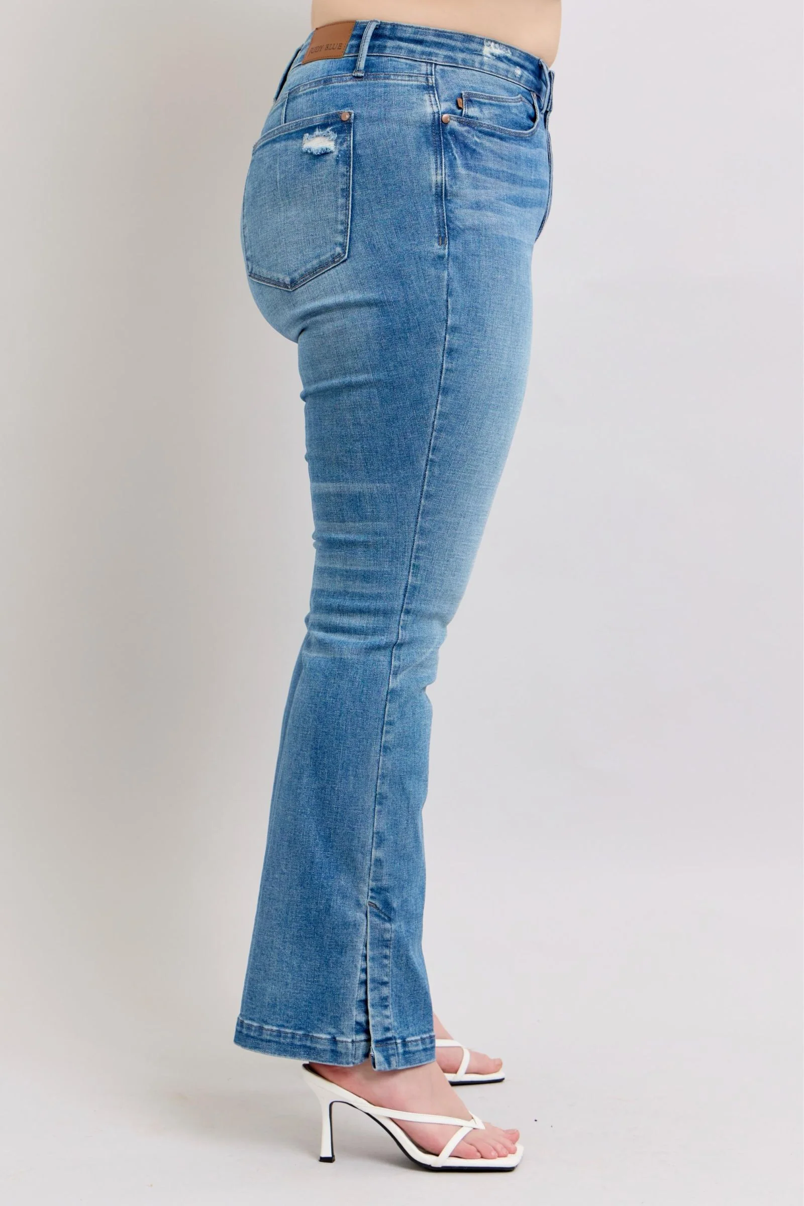 Blue Full Size High Waist Tummy Control Vintage Wash Side Slit Slim Boot Jeans