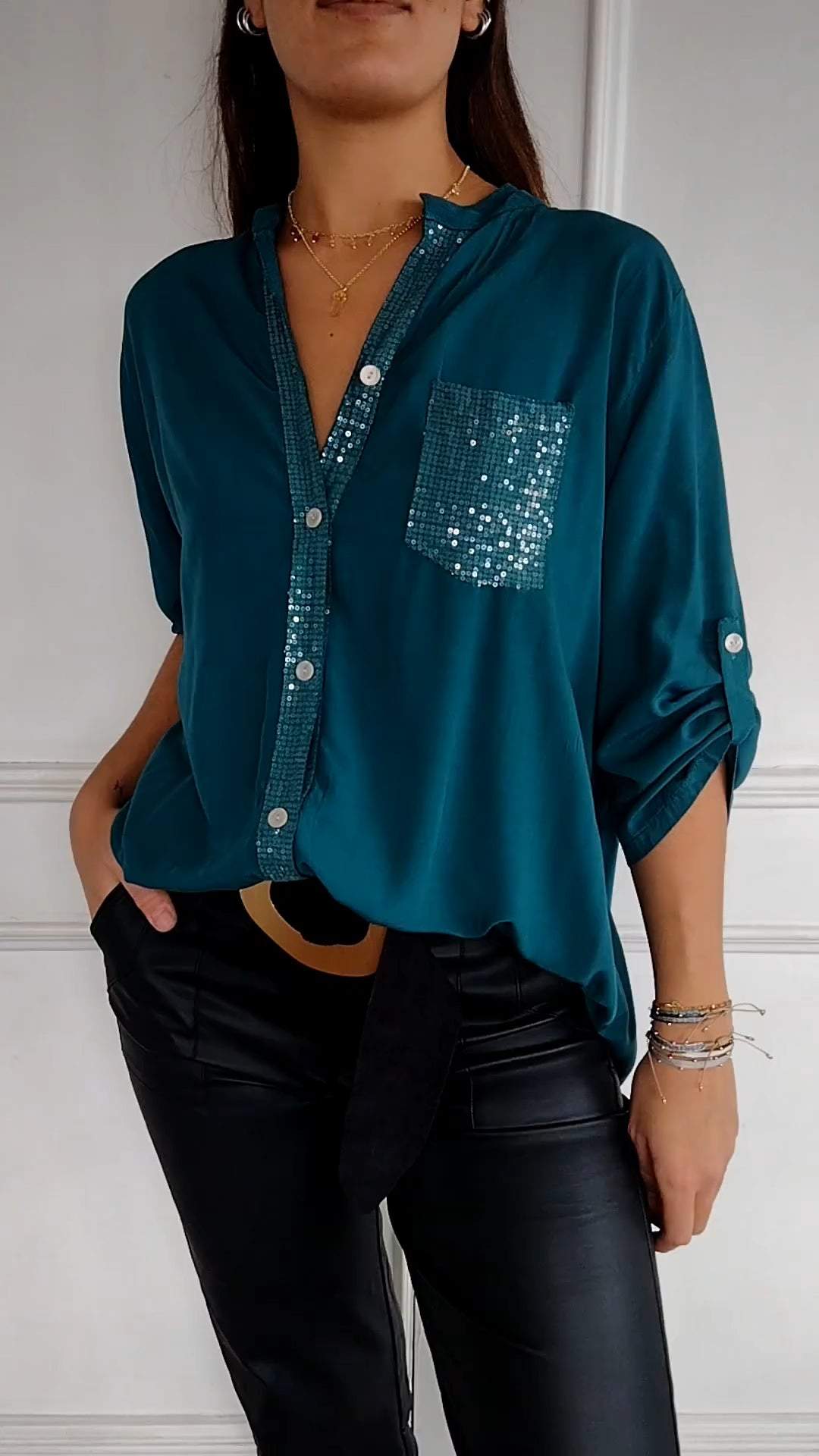 Women Cotton V-neck Sequin Mid-sleeve Casual Top