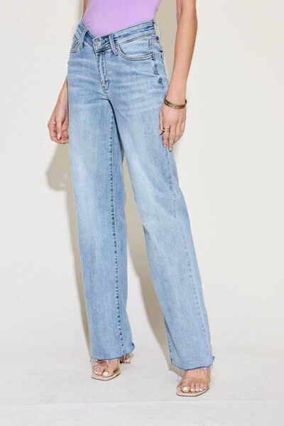 Blue Full Size V Front Waistband Straight Jeans