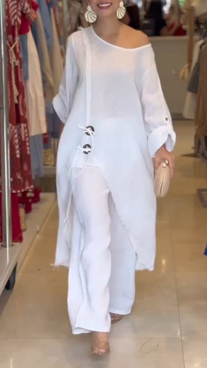 Women's Round Neck Cotton and Linen Irregular Casual Suit