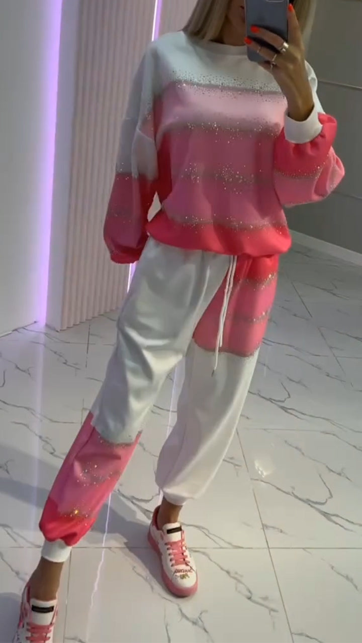 Women's Round Neck Gold-stamped Patchwork Top + Pants Drawstring Casual Suit