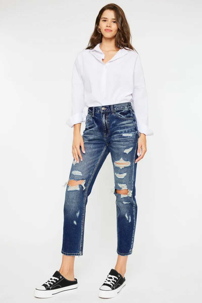 High Rise Distressed Mom Fit Jeans