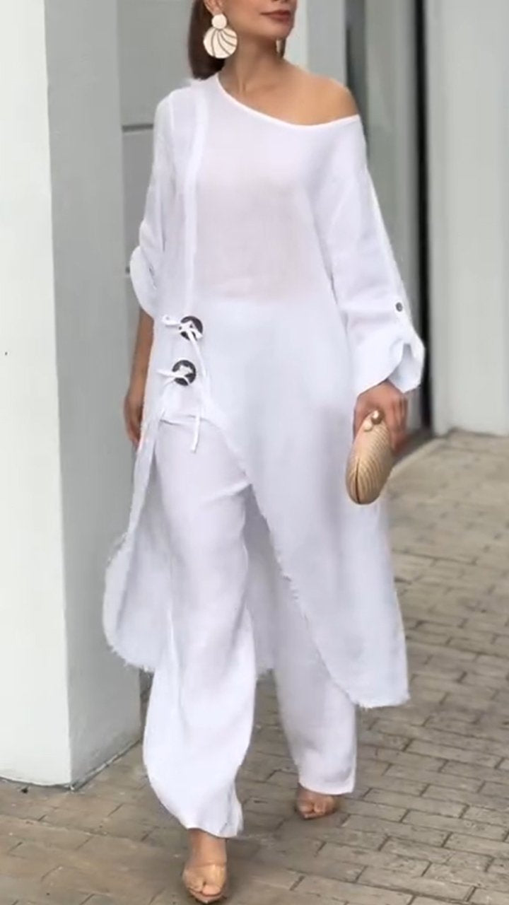 Women's Round Neck Cotton and Linen Irregular Casual Suit