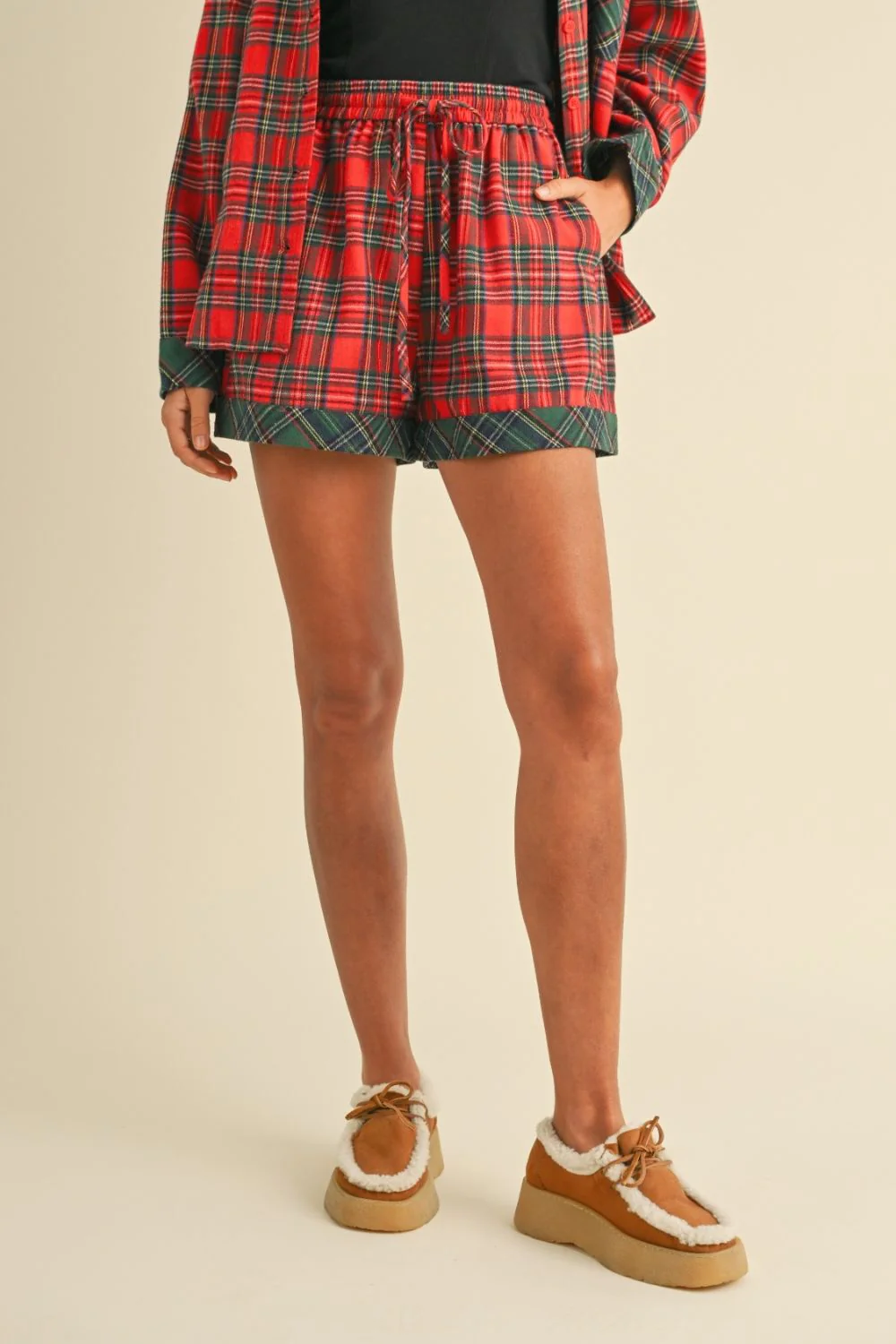 Wear Contrast Plaid Long Sleeve Top and Shorts Set