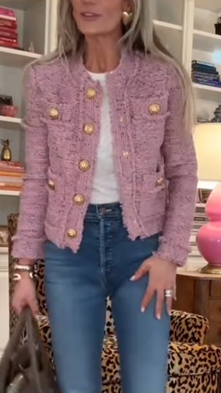 Women Round Neck Buckle Splicing Small Fragrant Style Jacket