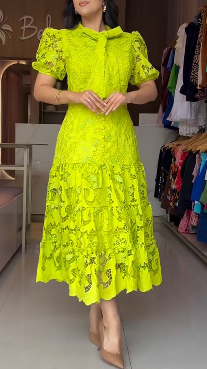 Women's Round Neck Printed Hollow Waist Temperament Dress