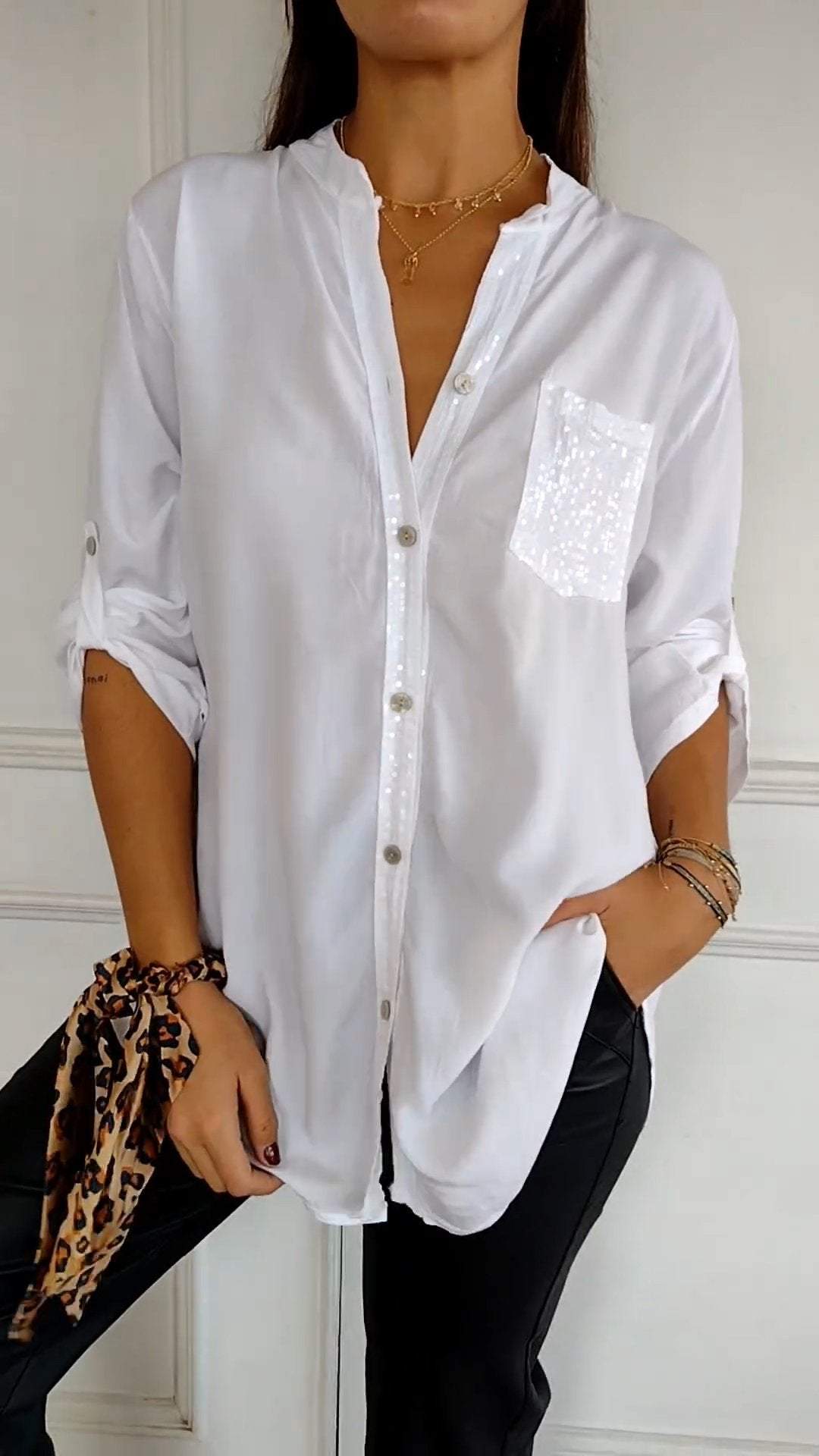 Women V-neck Sequin Mid-sleeve Casual Top