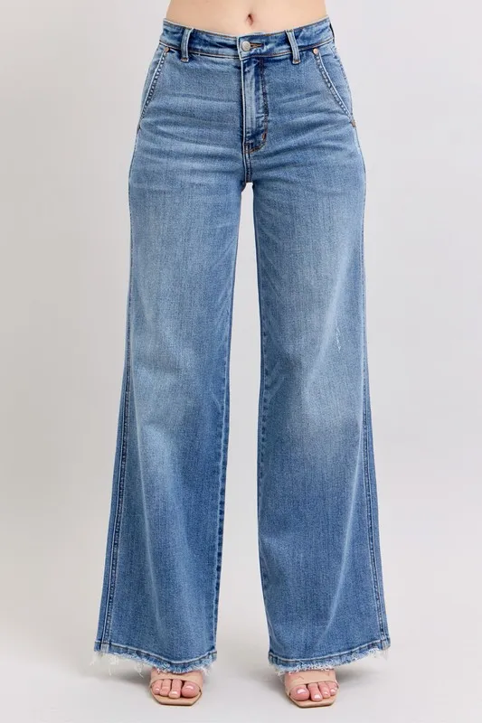 Blue Full Size Raw Hem Wide Leg Jeans Plus Size