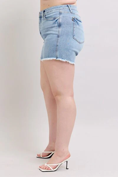 Blue Full Size Tummy Control Raw Hem Denim Shorts