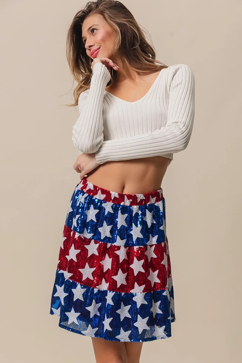 American Flag Theme Star Sequin Tiered Skirt