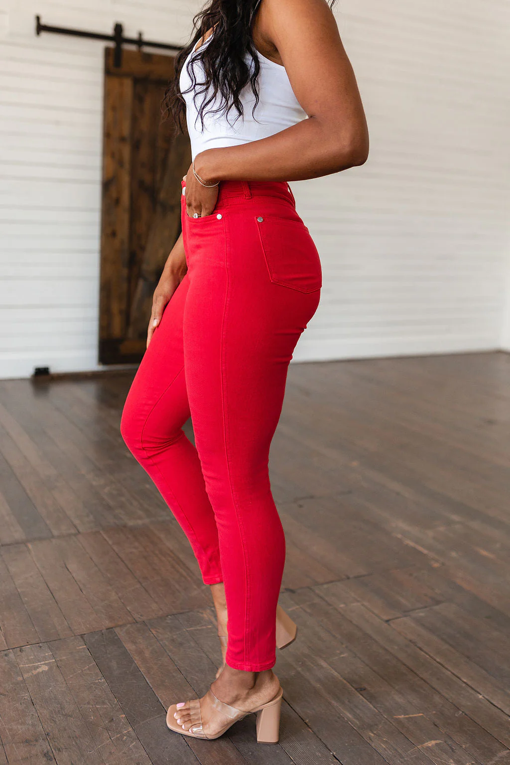 Blue Ruby High Rise Control Top Garment Dyed Skinny Jeans in Red