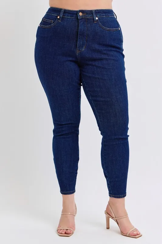 Blue Full Size Midi Rise Tummy Control Classic Skinny Jeans Plus Size