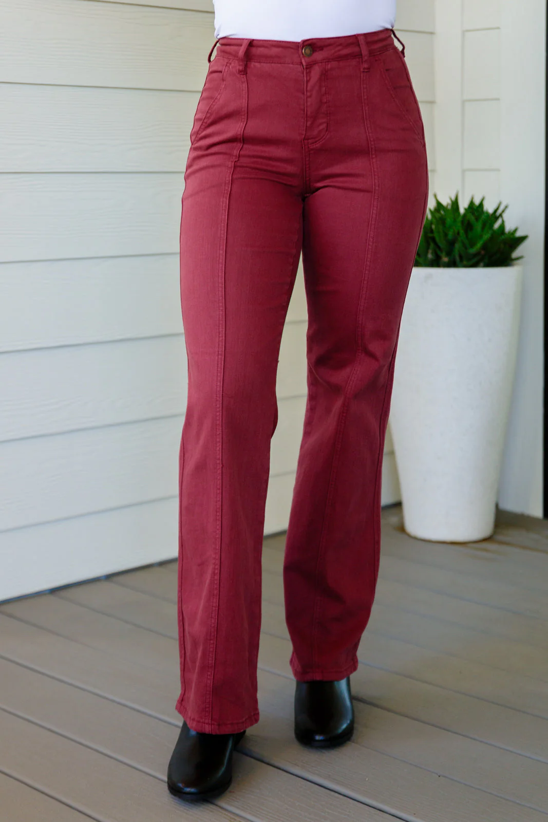 Blue Phoebe High Rise Front Seam Straight Jeans in Burgundy