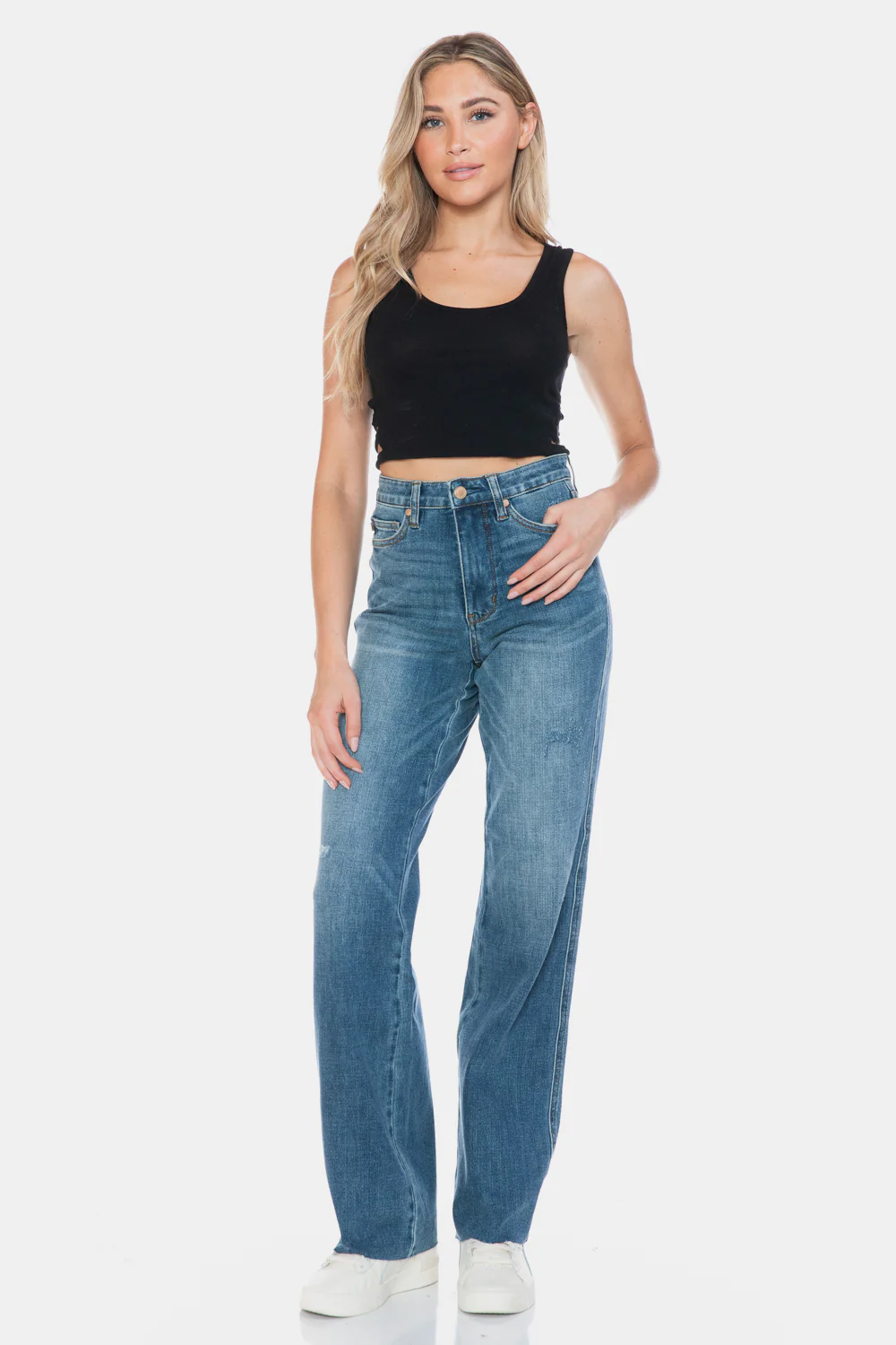 Blue Full Size Tummy Control Cut Raw Hem Straight Jeans