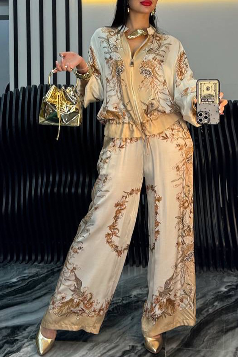 Women's Satin Zipper Printed Casual Suit