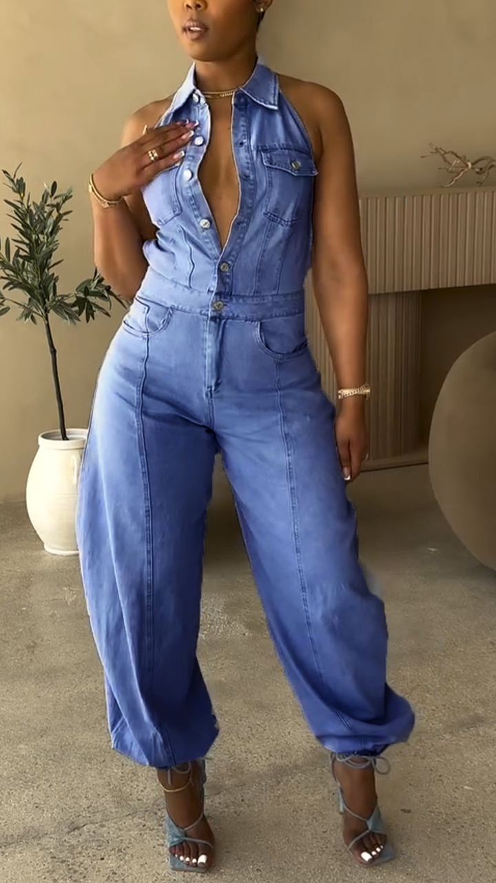 Ladies' Lapel Hollowed Out Casual Style Jumpsuit