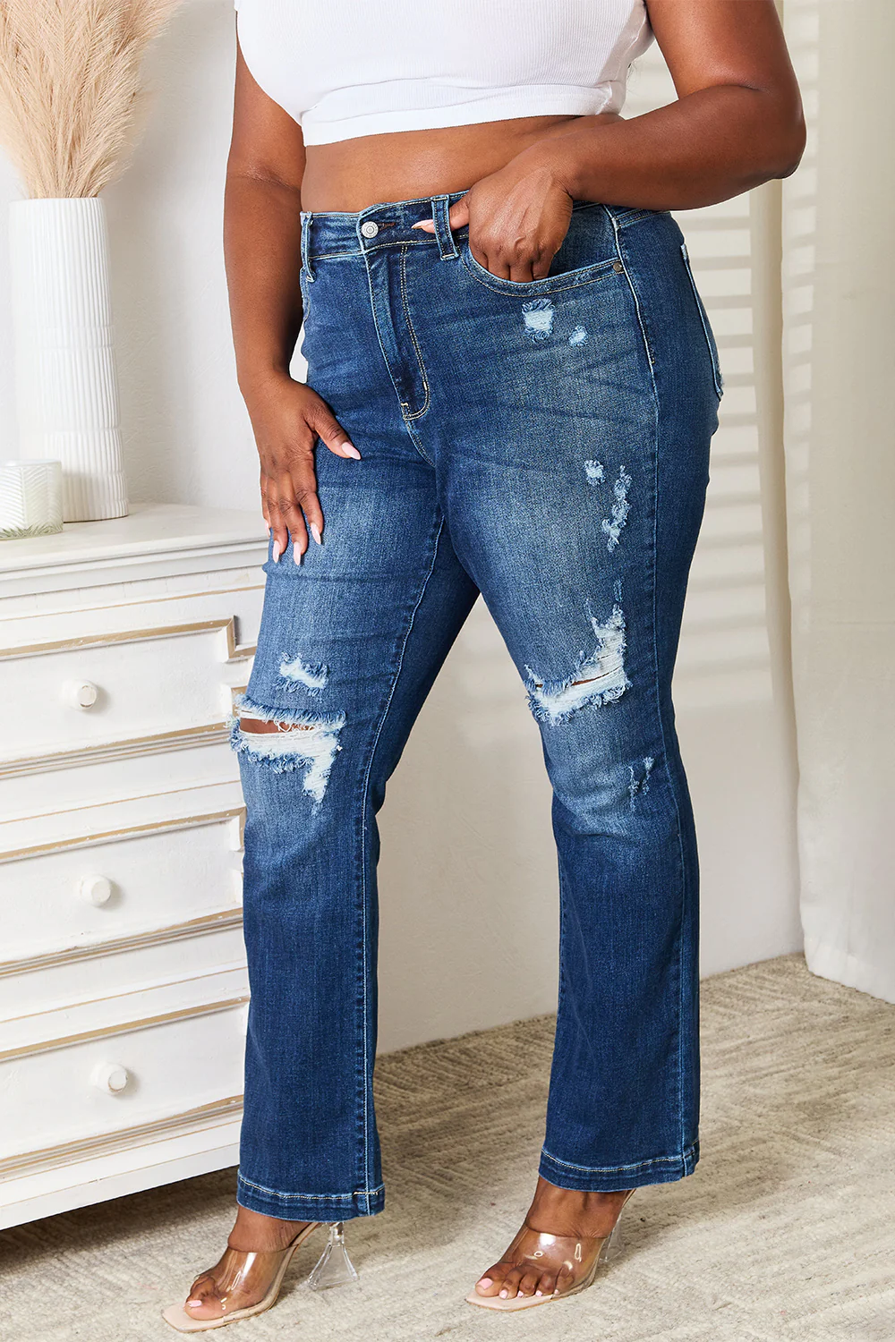 Blue Full Size Mid Rise Hand Sand & Destroy Bootcut Jeans