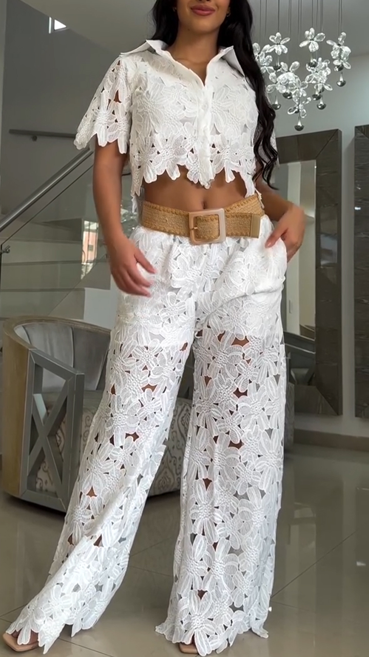 Women Lapel Print Hollow Irregular Top + Pants Casual Suit