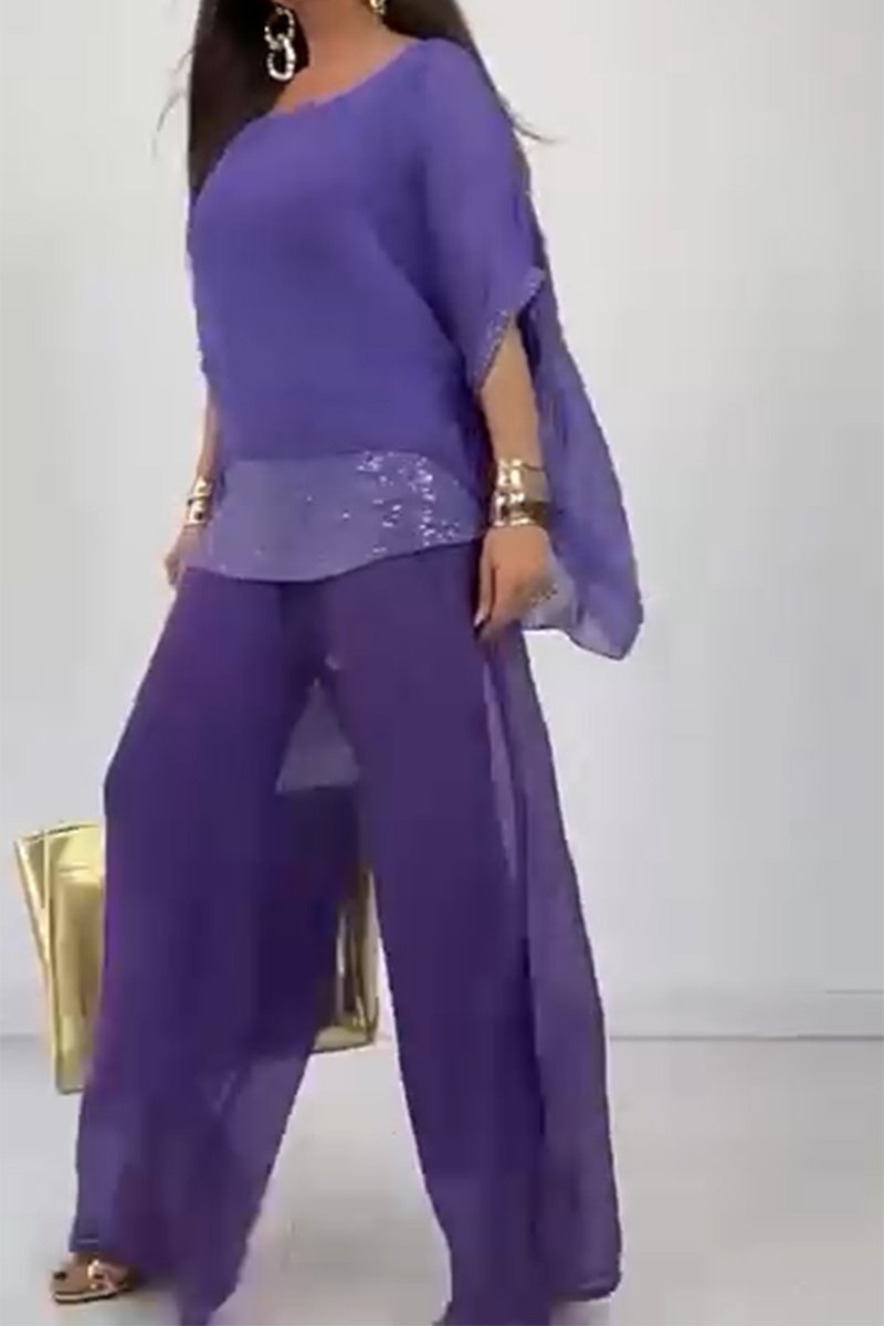 Women's casual sequined chiffon top & casual chiffon stretch pants