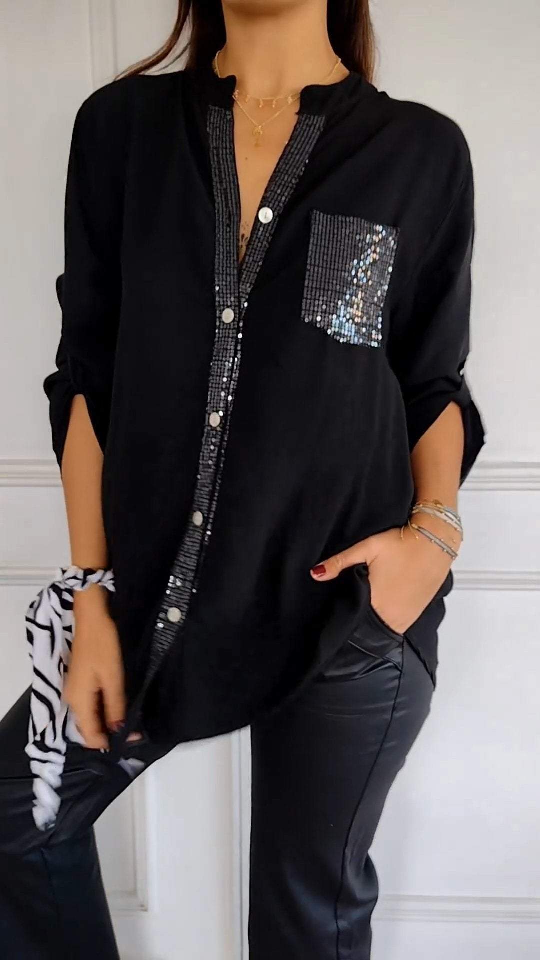 Women Cotton V-neck Sequin Mid-sleeve Casual Top