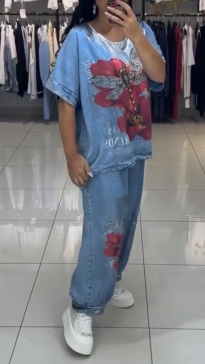 Ladies' Round Neck Printed Top + Pants Casual Set