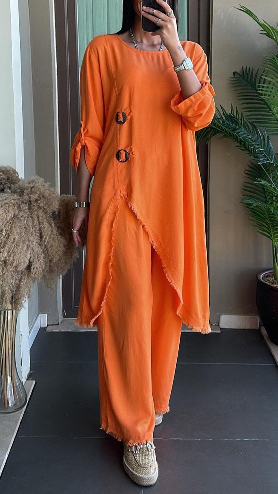 Women's Round Neck Irregular Hem Set Long Cotton and Linen Suit