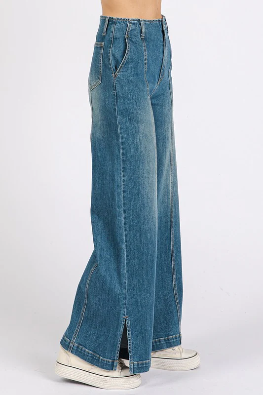 Medium Wash Seam Detail Wide Leg Denim Jeans