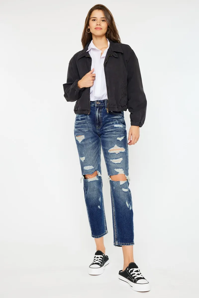 High Rise Distressed Mom Fit Jeans