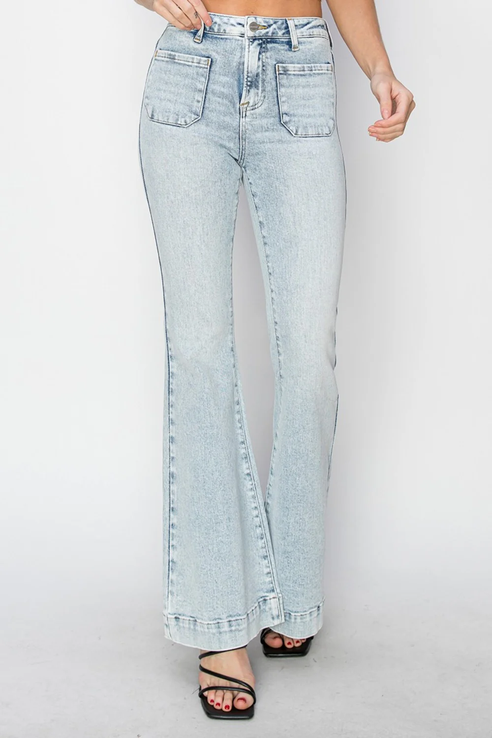 Full Size High Rise Front Patch Pocket Flare Jeans
